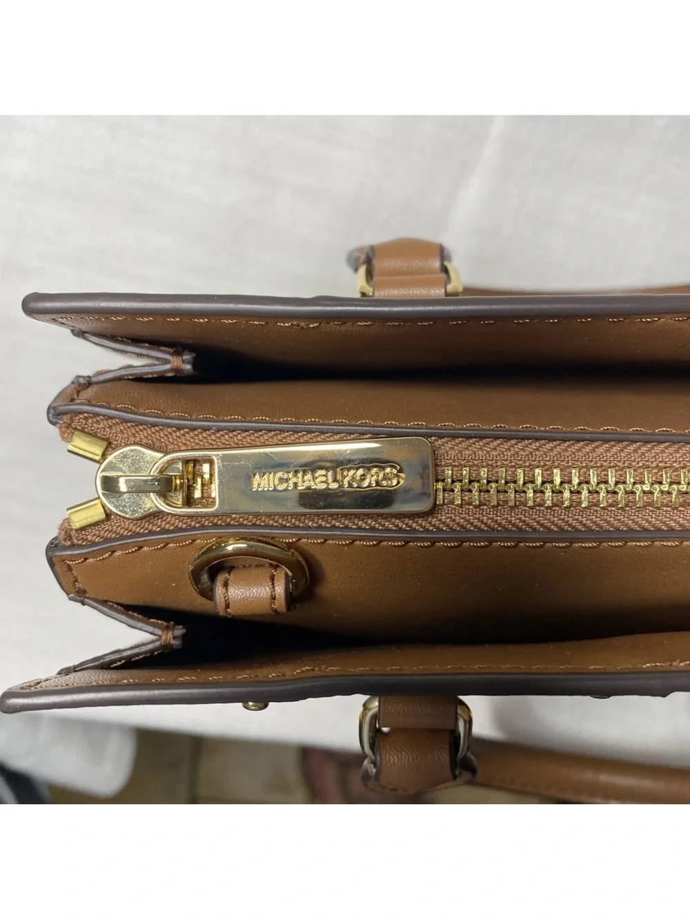 Michael Kors Tan and Brown Logo Stripe Satchel